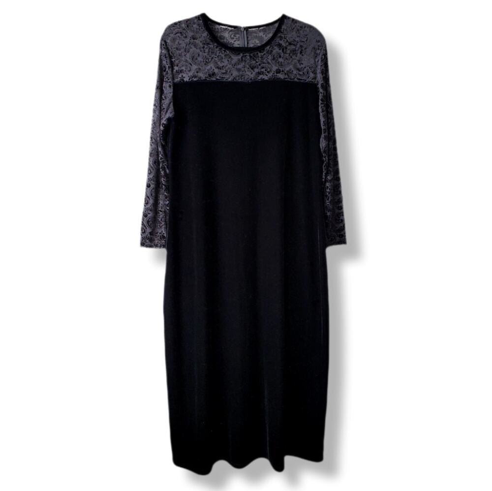 90s VTG Black Burnout Velvet Midi Dress L Dark Romance Whimsigoth Witchy Goth